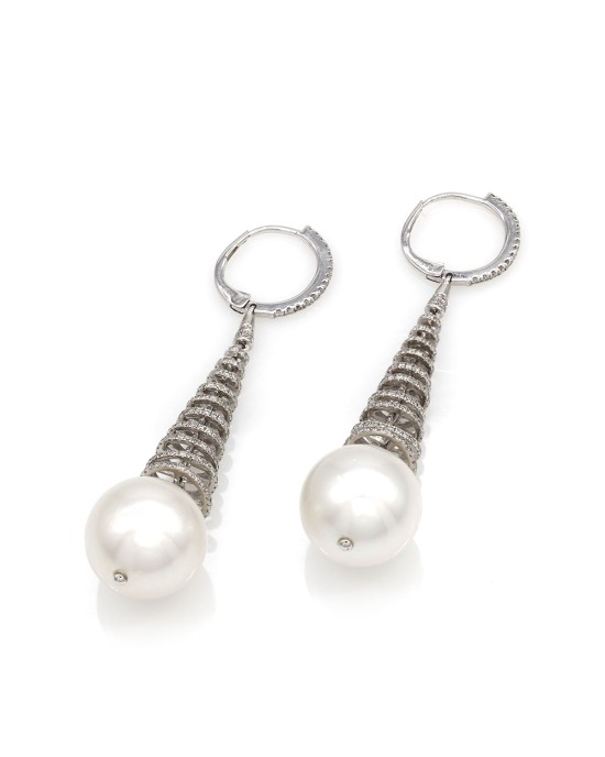 South Sea Pearl and Pave Diamond Spiral Earrings in Gold